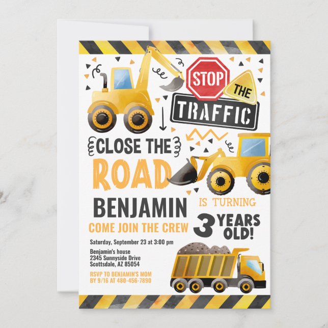 Construction Dump Truck Birthday Party Invitation (Front)