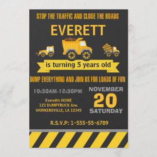 Construction Dump Truck Birthday Party Invitation