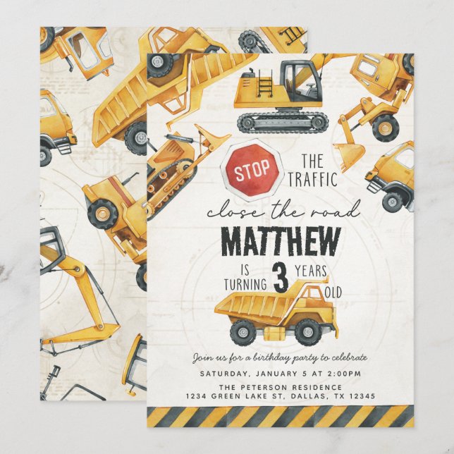 Construction Dump Truck Birthday Party Invitation (Front/Back)