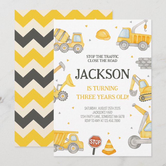 Construction Dump Truck Birthday Party Invitation (Front/Back)