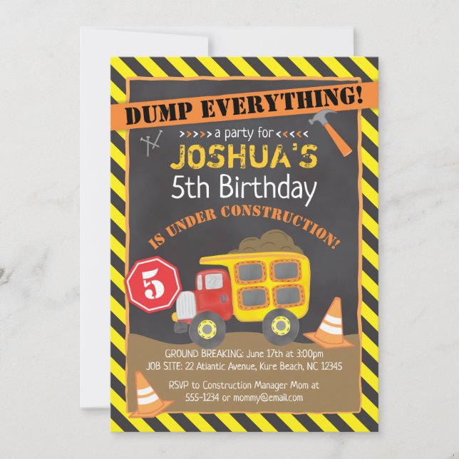Construction Dump Truck Birthday Party Invitation (Front)