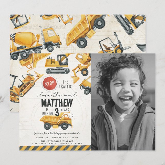 Construction Dump Truck Birthday Party Invitation (Front/Back)