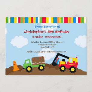Construction Dump truck Birthday Party Invitations