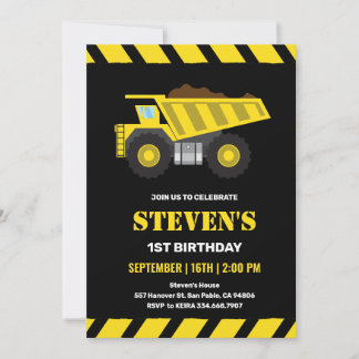 Construction Dump Truck Boy 1st Birthday Invitation