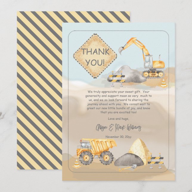 Construction Dump Truck Boy Baby Shower Thank You Card (Front/Back)