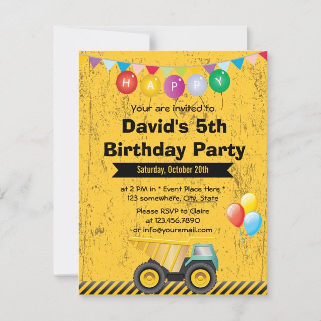 Construction Dump Truck Boy Birthday Party Invitation (Front)