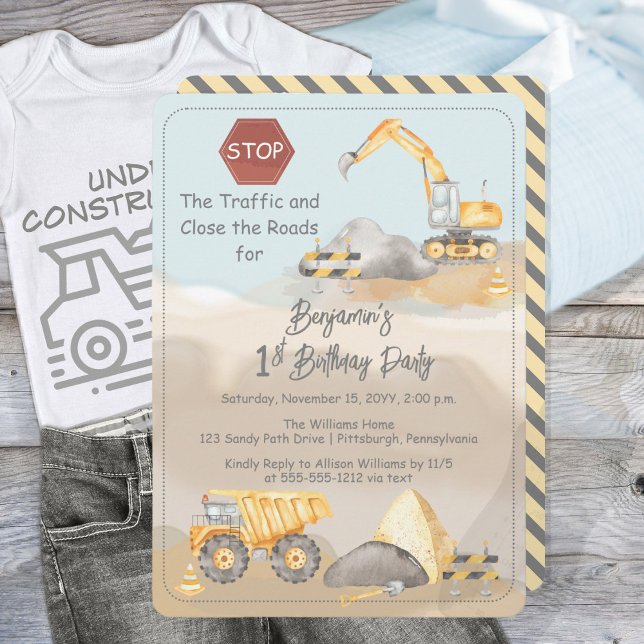 Construction Dump Truck Boy's 1st Birthday Party Invitation (Creator Uploaded)