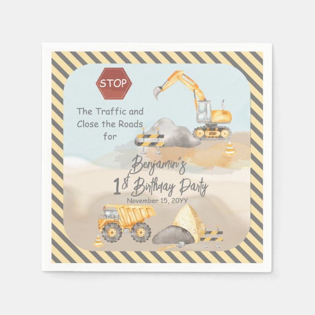 Construction Dump Truck Boy's 1st Birthday Party Napkin (Front)