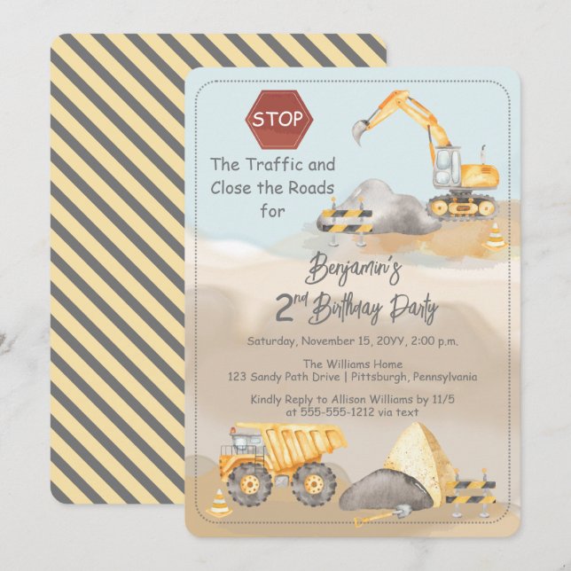 Construction Dump Truck Boy's 2nd Birthday Party Invitation (Front/Back)