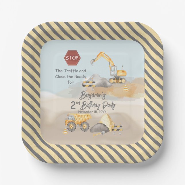 Construction Dump Truck Boy's 2nd Birthday Party Paper Plate (Front)