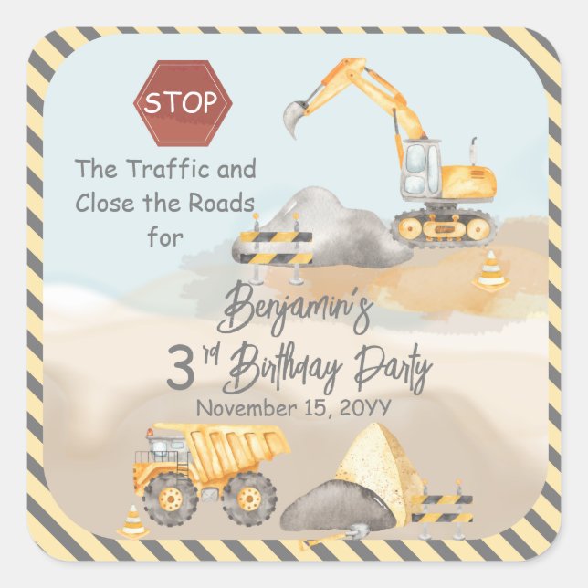 Construction Dump Truck Boy's 3rd Birthday Party Square Sticker (Front)