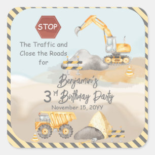Construction Dump Truck Boy's 3rd Birthday Party Square Sticker