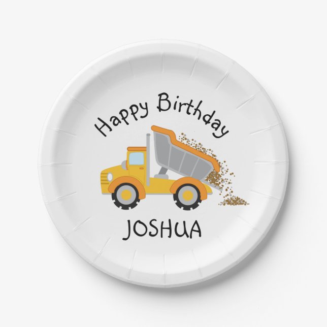 Construction Dump Truck Boys Birthday Paper Plate (Front)