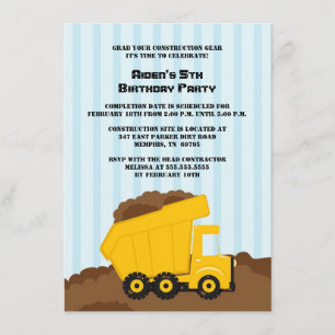 Construction dump truck boys birthday party invite