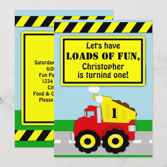 Construction Dump Truck Boys First Birthday Invitation (Front/Back)