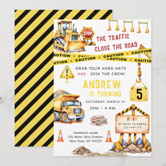 Construction Dump Truck Bulldozer Birthday Invitation (Front/Back)