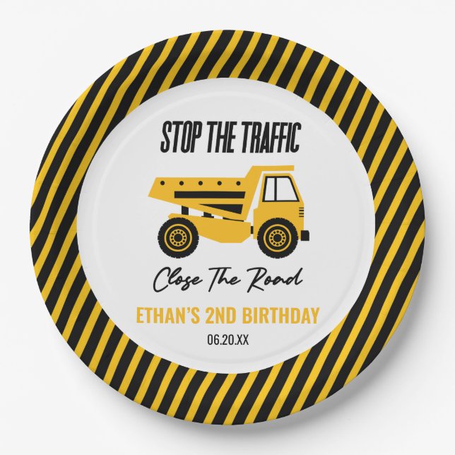 Construction Dump Truck Bulldozer Birthday Party Paper Plate (Front)
