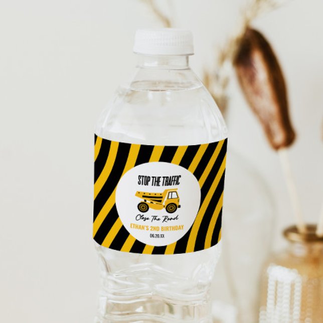 Construction Dump Truck Bulldozer Birthday Party Water Bottle Label (Creator Uploaded)