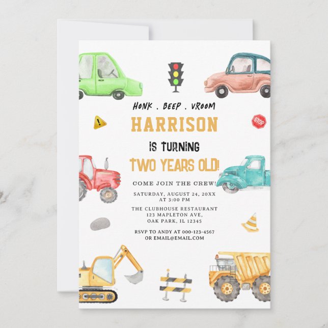 Construction Dump Truck Cars Party Birthday Invitation (Front)