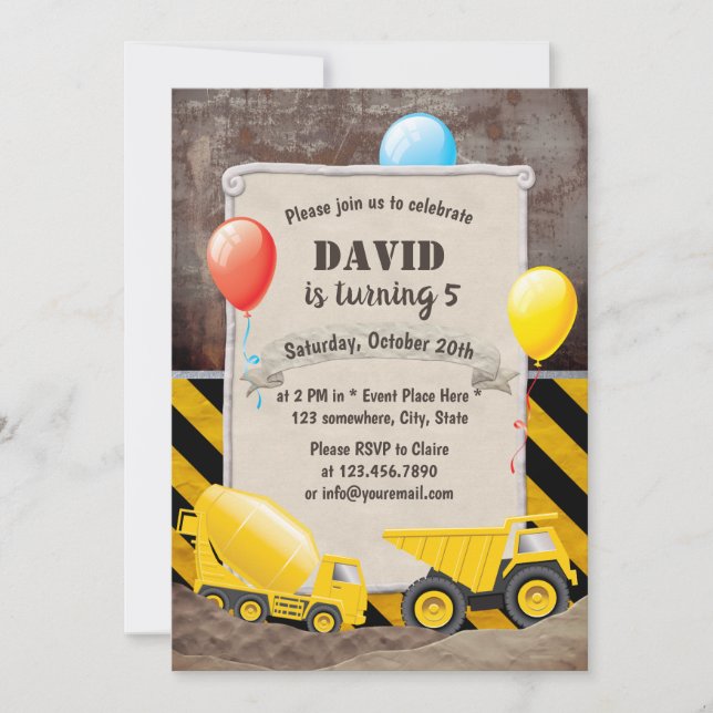 Construction Dump Truck Cement Mixer Boys Birthday Invitation (Front)