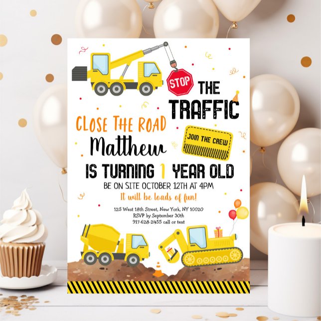 Construction Dump Truck Digger First Birthday Invitation (Creator Uploaded)