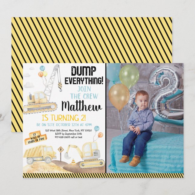 Construction Dump Truck Digger Second Birthday Invitation (Front/Back)