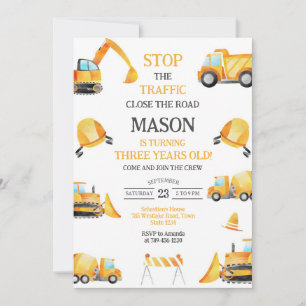 Construction Dump Truck Excavator Boy Birthday Invitation