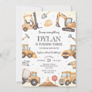 Construction Dump Truck Excavator Boy Birthday Invitation