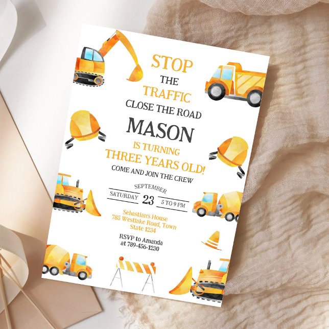 Construction Dump Truck Excavator Boy Birthday Invitation (Creator Uploaded)