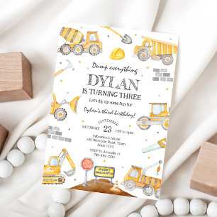 Construction Dump Truck Excavator Boy Birthday  Invitation