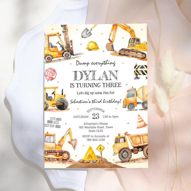 Construction Dump Truck Excavator Boy Birthday Invitation (Creator Uploaded)