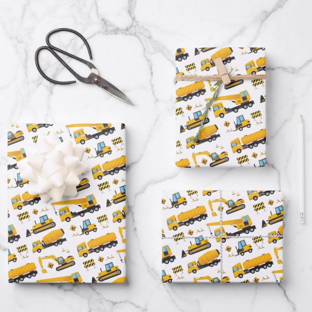 Construction Dump Truck Excavator Kids Present Wrapping Paper Sheet (Front)