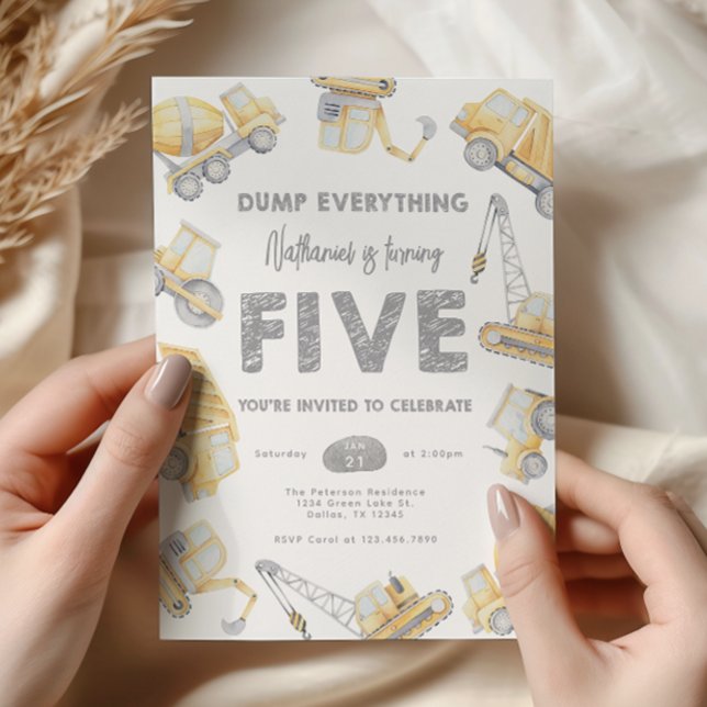 Construction Dump Truck FIVE 5th Birthday Party Invitation (Creator Uploaded)