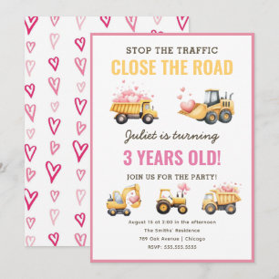 Construction Dump Truck Heart Birthday Invitation