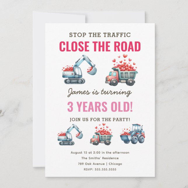 Construction Dump Truck Heart Birthday Invitation (Front)