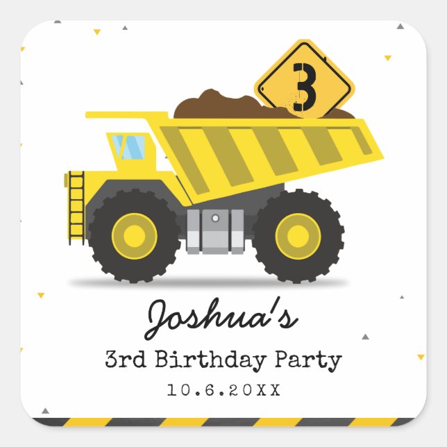 Construction Dump Truck Kids Any Age Birthday Square Sticker (Front)