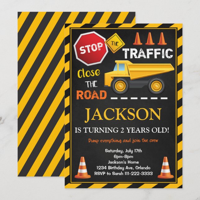 Construction Dump Truck Kids Birthday Invitation (Front/Back)