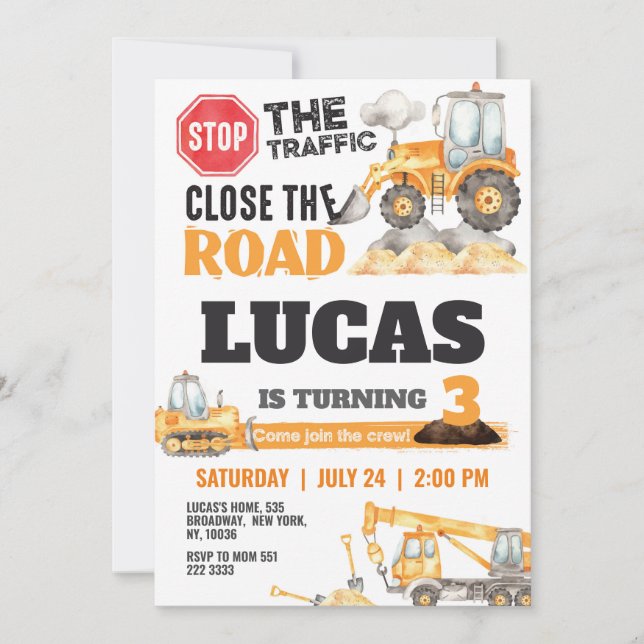 Construction Dump Truck Kids Birthday Party Invitation (Front)
