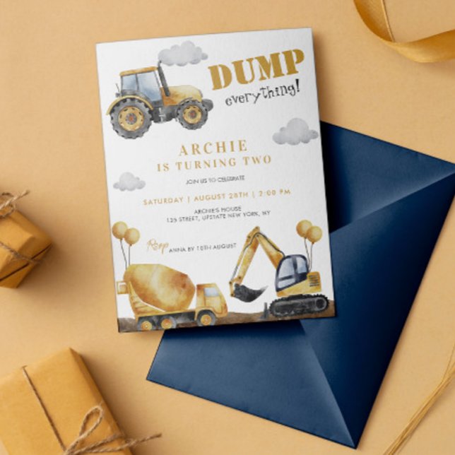 Construction Dump Truck Kids Birthday Party Invitation (Dump Everything Birthday Boy Construction Dump Truck Yellow Digital Template Birthday Party Invite)
