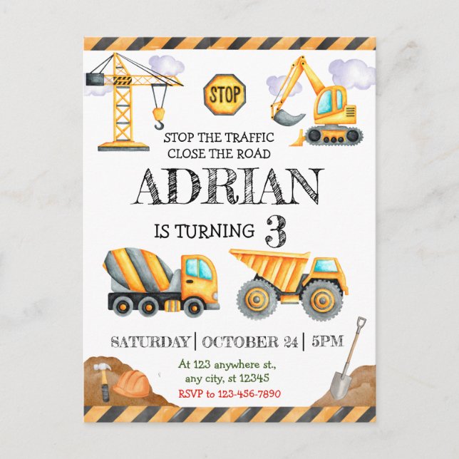 Construction Dump Truck Kids Birthday Party Postcard (Front)