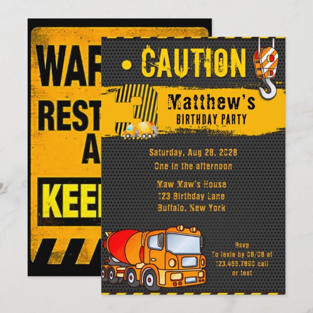 Construction Dump Truck Orange-Yellow 3rd Birthday Invitation (Front/Back)