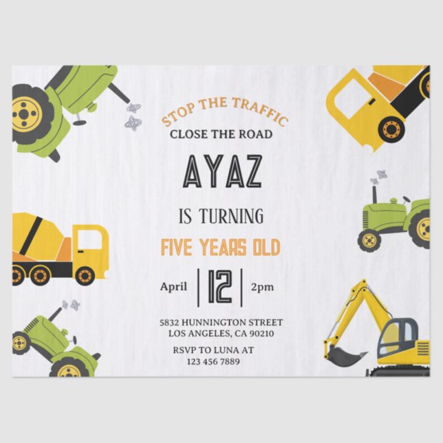 Construction Dump Truck Party Boy Birthday  Tissue Paper (Front)