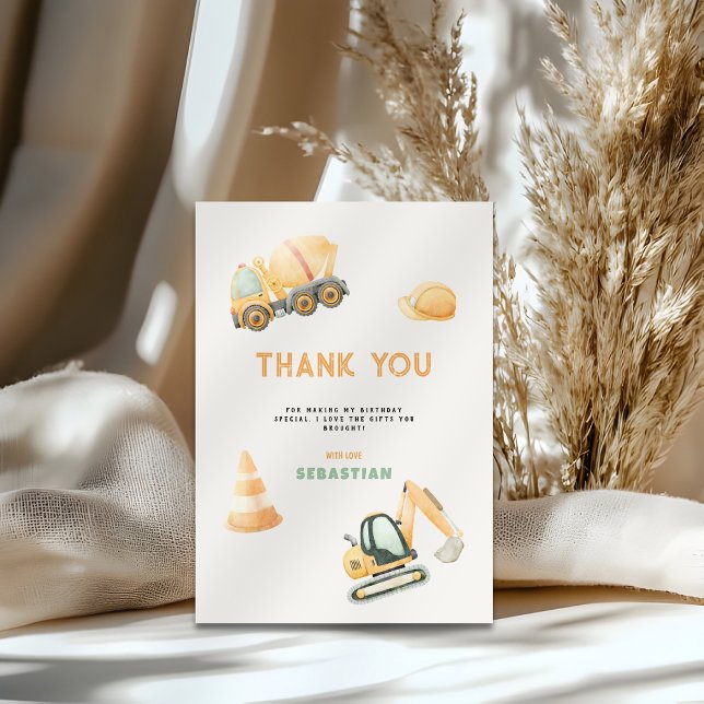 Construction Dump Truck Party Boy First Birthday Thank You Card (Construction For Boys Thank You Card)
