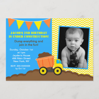 Construction Dump Truck Photo Birthday Invitations