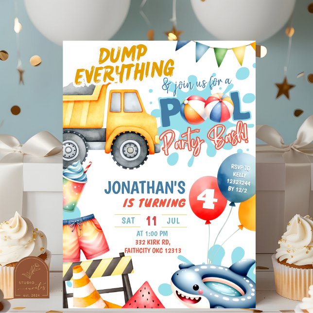 Construction Dump Truck Pool Birthday Party  Invitation (Creator Uploaded)