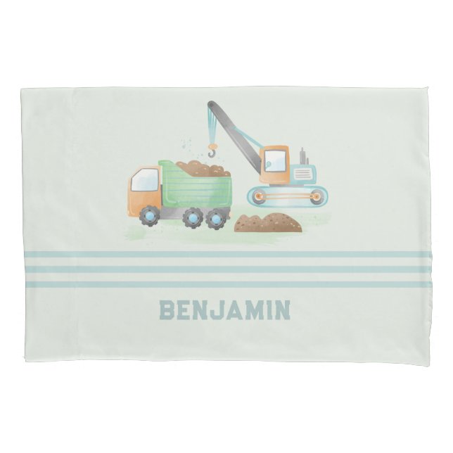 Construction Dump Truck Soft Blue Green Boy Name Pillowcase (Front)