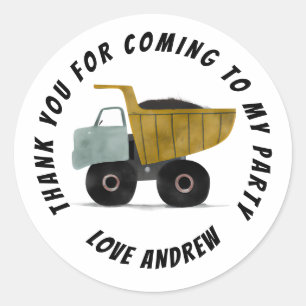 Construction Dump truck Thank You Birthday Favour Classic Round Sticker