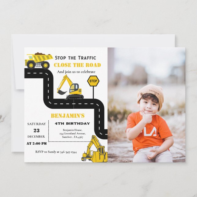 Construction Dump truck  theme birthday Invitation (Front)
