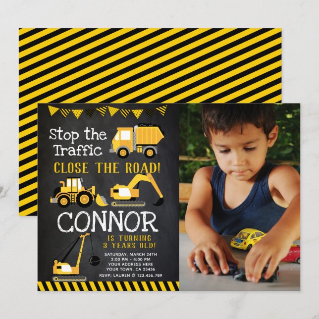 Construction, Dump Truck with photo Invitation (Front/Back)