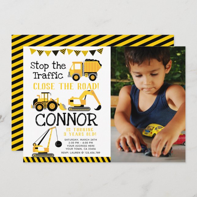 Construction, Dump Truck with photo Invitation (Front/Back)